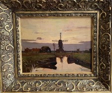 Antique Oil Painting HAGUE SCHOOL Windmill on a Dutch Canal INDISTINCTLY SIGNED