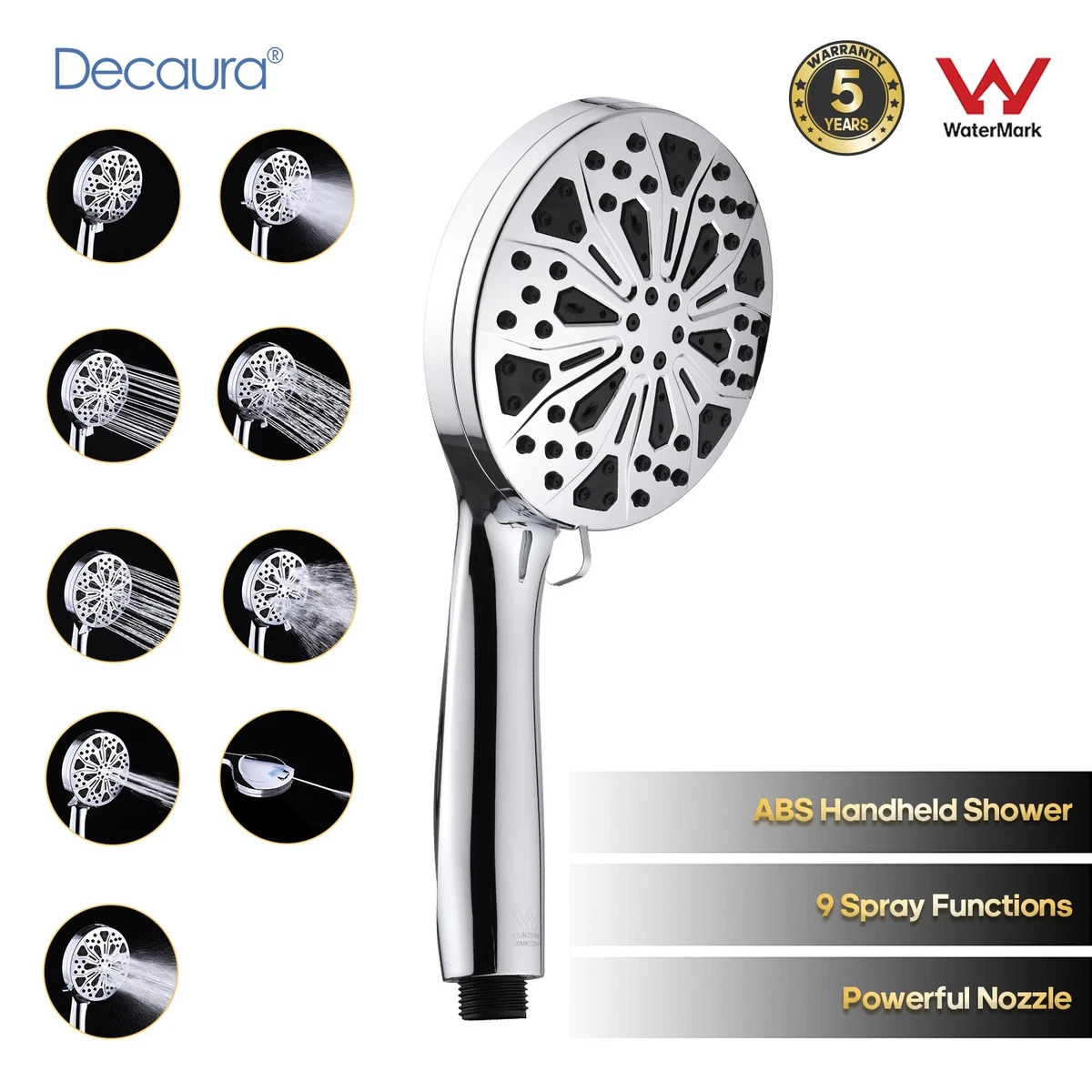 Decaura WELS 9-Mode Spray Hand Held Shower Head High pressure Bathroom Chrome