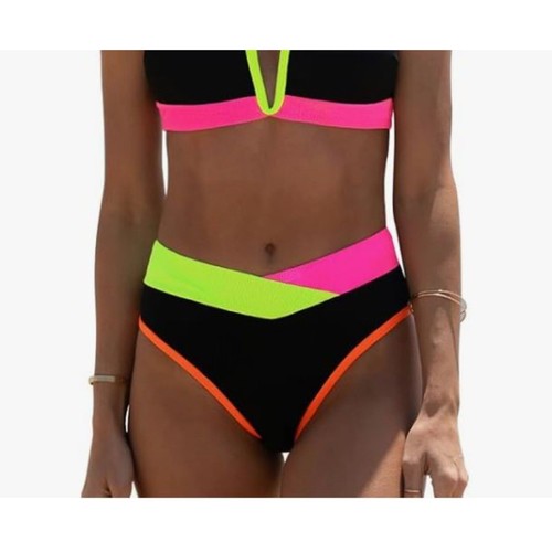 NEW Popvil Bikini Bottom ONLY Black Pink Yellow Colorblock Ribbed Size Large NWT