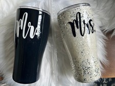 Mr Mrs Bride Groom Wedding Glitter 20oz Curve Stainless Steel Tumbler Cup Set