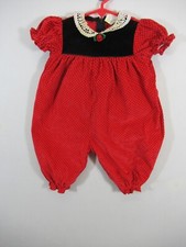 Vintage 90s Red Velvet Romper Baby Girl 3-6 Months Short Sleeve Crochet Collar