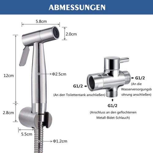 Handbrause Po dusche Bidet Edelstahl Armaturen Dusch WC 1/2" Ventil 3/8" Adapter - Bild 2 von 8