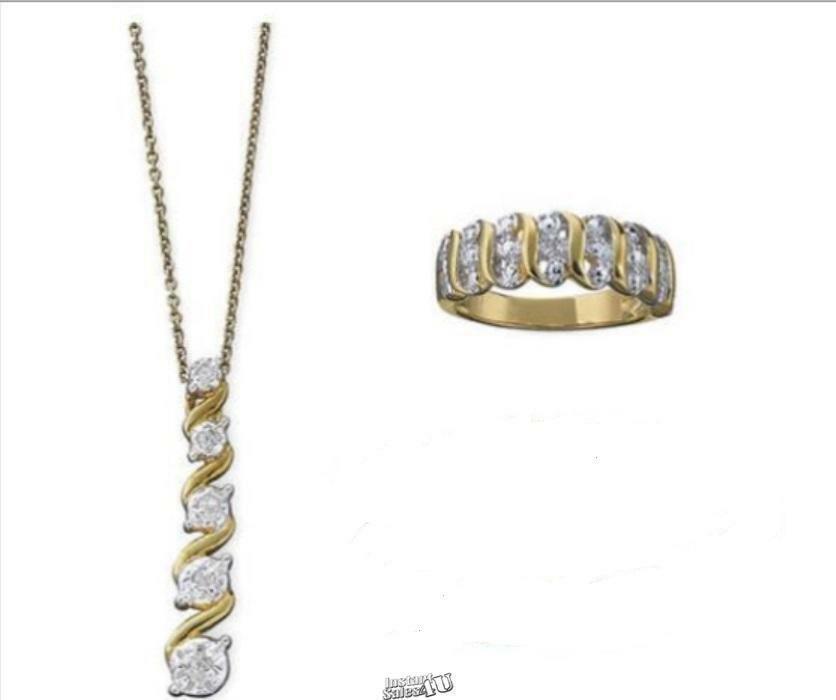Diamond Accent Pendant Bracelet & Ring Set 16K Go… - image 1