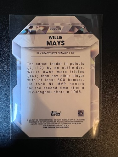 2022 TOPPS SERIES 1 DIAMOND GREATS DIE CUTS WILLIE MAYS DGDC-25 - Picture 2 of 2