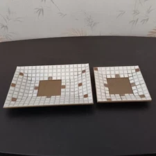 Pair Of MCM Retro Ceramic Mosaic Tile/Hammered Gold Tone Ashtrays