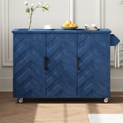 51.2''W 3D Wave Stripes Ash Veneer Kitchen Island, Rolling Cart, Navy Blue