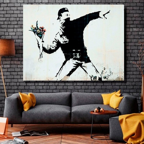 BANKSY FRAMED CANVAS STREET GRAFFITI URBAN ART PRINT FLOWER THROW PAINTING - Picture 4 of 6