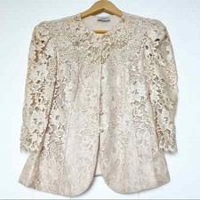 Vintage Cream Lace Sequined 3/4 Sleeve Pearl Button Peplum Jacket Women Size S
