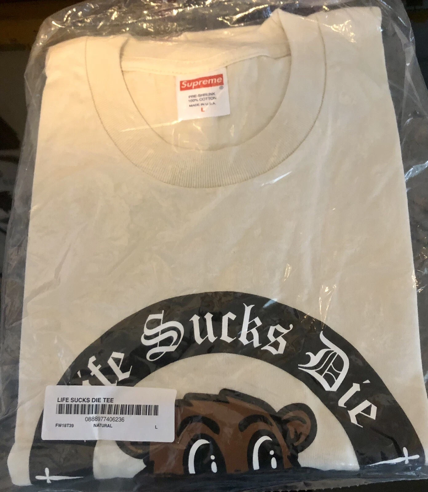 Tee shirt Supreme Life Sucks, FW18, Grand Naturel Neuf dans son emballage d'origine