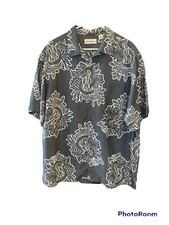 Carriben Hawaiian Aloha Men's Shirt Sz L.- Grey W/White Floral&amp;Ukulele Pattern