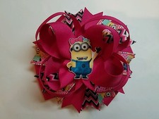CUTE    5" Pink minions Baby Girl layered Boutique Hair Bow.