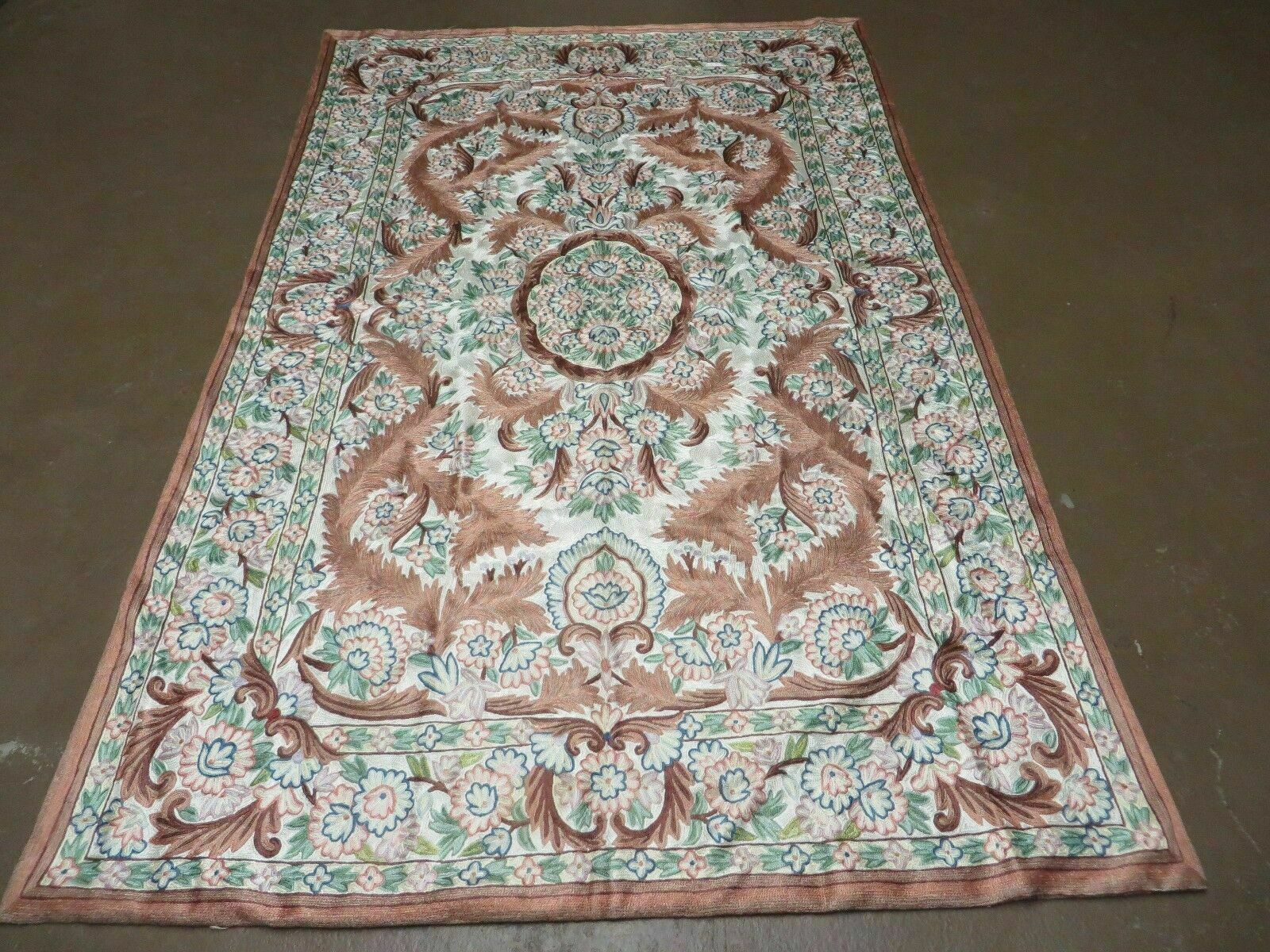 4' X 6' Vintage Embroidery Hand Stitched Rug Silk On Cotton India Backing Nice