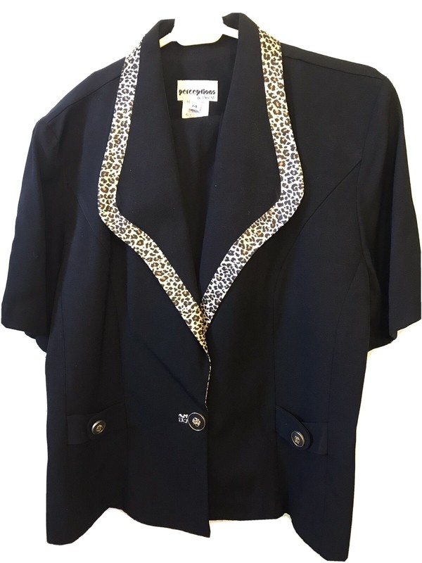 Black Jacket W/Leopard Like Trim & Matching SolId Black Skirt. Perceptions Sz 14