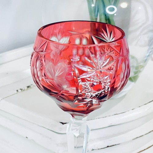 2 Bohemian Wine Glasses Nachtmann Traube Crystal Amber Red Cut Clear 8.25” Vtg - Picture 8 of 12