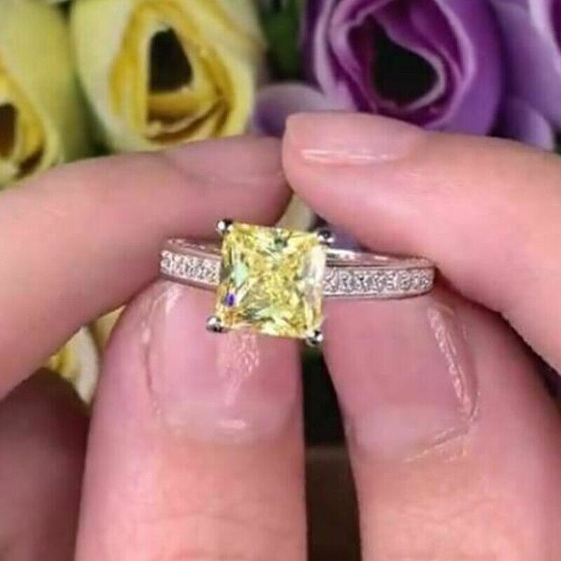 2Ct Princess Cut Yellow Diamond Engagement Ring 14K White Gold