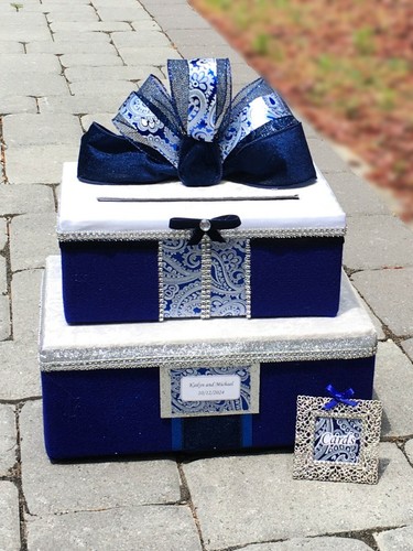 Wedding card box,white,blue,silver,fabric,2 tiers,personalized,holds 80 cards - Picture 6 of 10