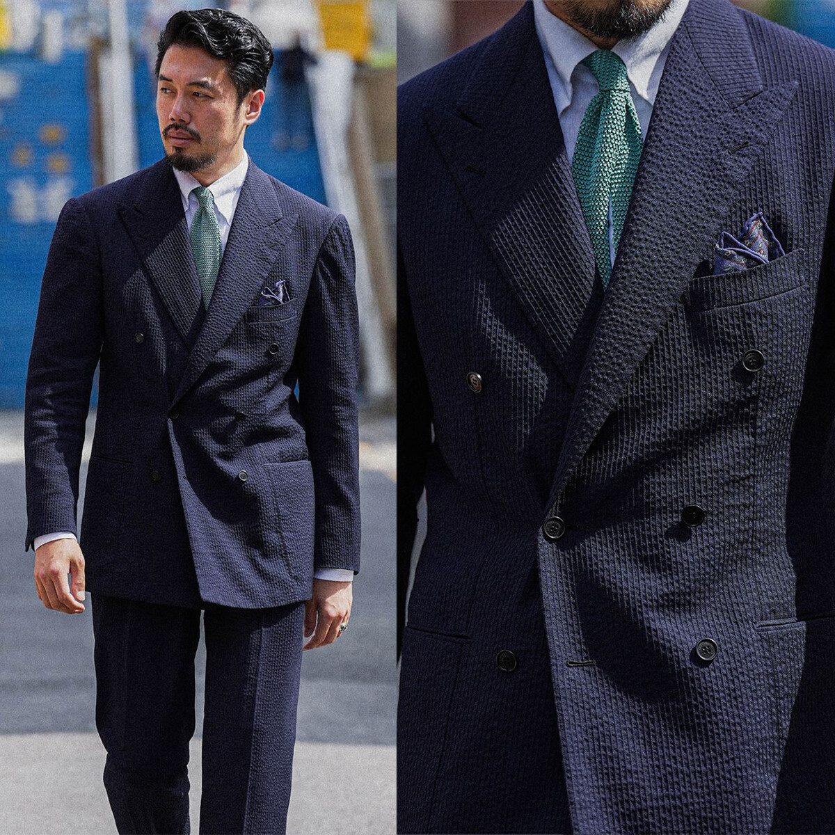 Navy Blue Men's Seersucker Suits Double Breasted Wide Peak Lapel