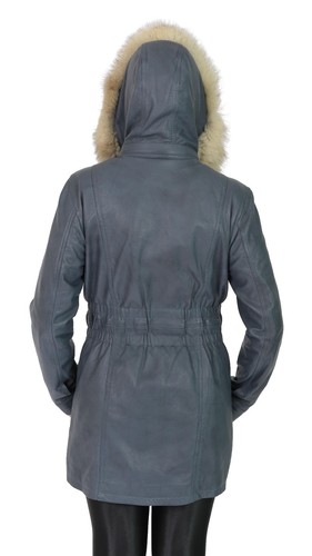 Ladies Duffle Real Leather Coat Hooded 3/4 Length Parka Jacket Black Brown Blue - Picture 28 of 29