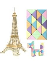 3D Wooden Puzzle Eiffel Tower Model w/ Snake Cube Puzzle
