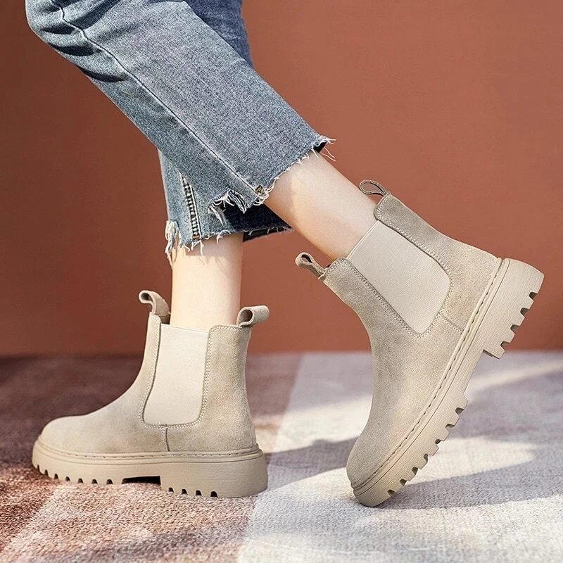 puesta de sol Puñalada Anotar Botas Chelsea Gruesas Para Mujer Zapatos De Ante De Vaca Botines Con  Plataforma | eBay