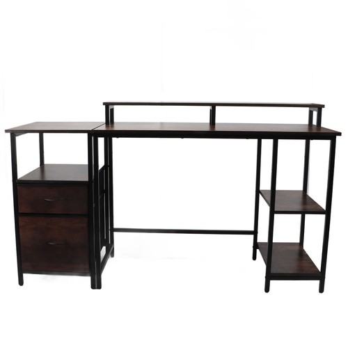 Vintage Industrial Computer Desk with Drawers & Raised Shelf Spacious Workspace - Picture 13 of 18