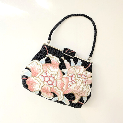 Japanese Vintage Beaded Evening Bag Black Floral pattern 7x5 inch