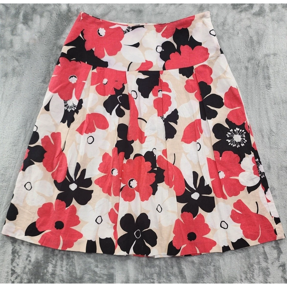 Lucy & Laurel Skirt Womens 6 Tan Black Pink Floral Linen Pleated A-Line Preppy