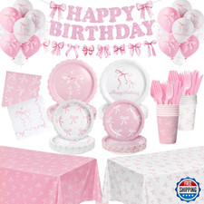 165 Pcs Pink Bow Birthday Decorations Serves 24 , Plates And Napkins Cups Knife
