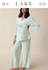 LAKE Maternity Kimono Two Piece Pajama Set Parisian Green Pencil Stripe L EUC