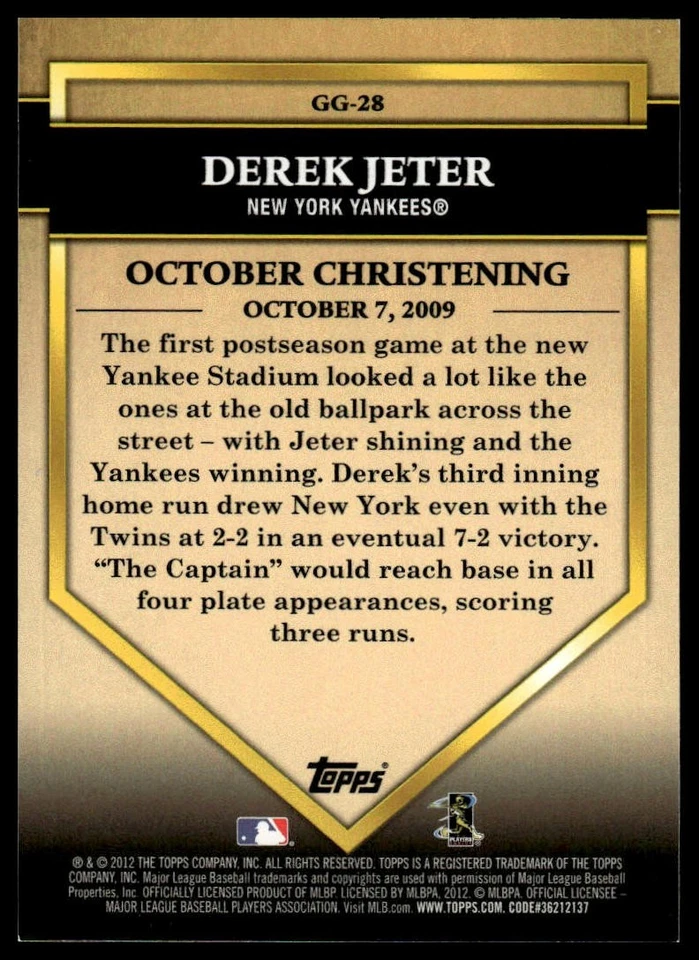 2012 Topps #GG-28 Derek Jeter Golden Greats - Image 2 of 2