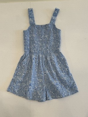 Abercrombie Kids Blue Floral Smocked Romper Girls Size 11/12 Sleeveless Ruffle