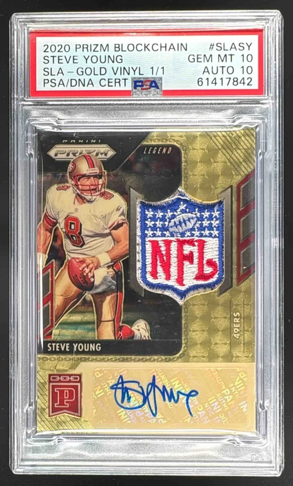 Steve Young 2020 Panini Blockchain Gold Vinyl Shield Patch Auto 1/1 PSA 10/10