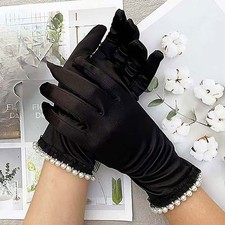 Women's Evening Wear Elegant Dressy Satin Style Gloves Black Pearl Trim Cuffs
