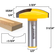 1-3/4" Radius Horizontal Crown Router Bit - 1/2" Shank - Yonico 16179