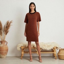 Vintage Artsy Knee Length Dress Orange Green Geometric Fine Knit Shift L