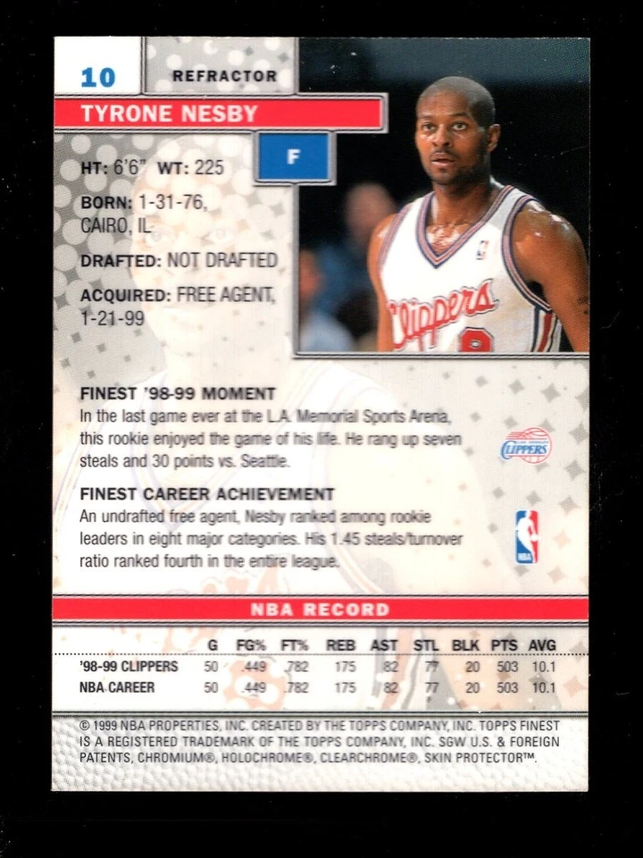 1999-00 TOPPS FINEST REFRACTOR #10 TYRONE NESBY CLIPPERS - Image 2 of 2