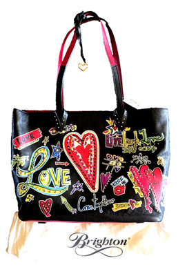 BRIGHTON FASHIONISTA LOVE SCRIBBLE STUDDED HEARTS LIVE LAUGH LOVE TOTE $460.00