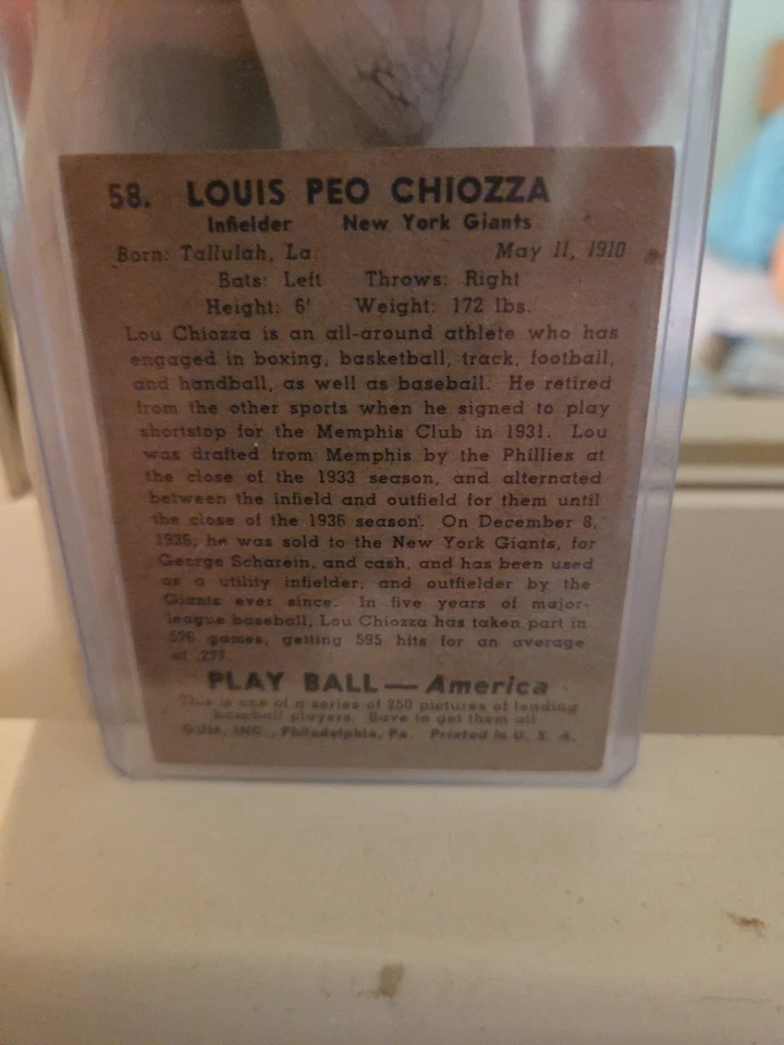 1939 Play Ball Lou Chiozza #58  SQUARE.  NICE CARD. GOOD CORNERS! N.Y. GIANTS!🔥 - Image 4 of 4