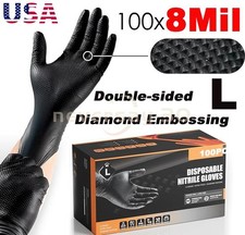 8 Mil Nitrile Disposable Gloves Large Raised Diamond Texture 100PC/box Black