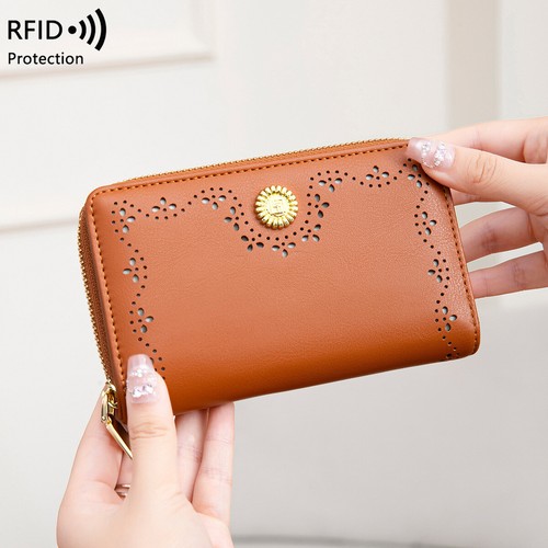 Ladies RFID Blocking Zipper Leather Medium&Long Flower Wallet Cash Card Holder - Picture 16 of 29