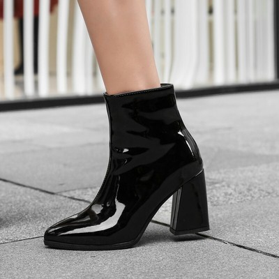 XINSDOAKK Women’s Patent Ankle Boots – Pointed Toe, Chunky Heel, Side Zipper, Retro Party Booties