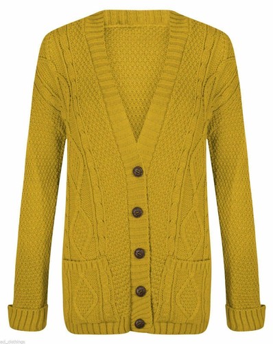 Women Girls Long Sleeve Button Chunky Cable Knit Top Grandad Cardigan UK 8-26 - Picture 16 of 22