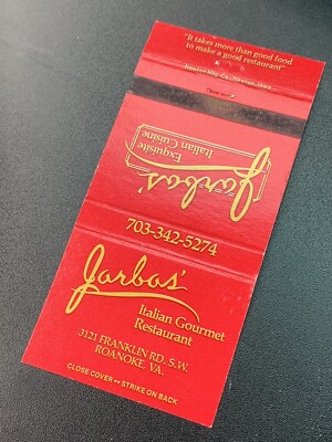 Vintage Virginia Matchbook:  Jarba s Italian Restaurant  Roanoke, VA