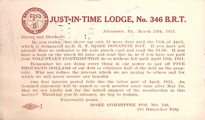Brotherhood of Railroad Trainmen Just In Time Lodge Allentown PA 1921 Karte