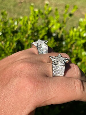 Solid 925 Silver Iced Hip Hop Out STAR Pinky RING REAL Solid 925 Silver Iced Hip Hop Out STAR Pinky RING REAL