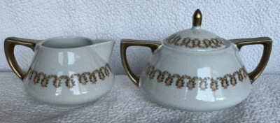 Vintage Creamer & Sugar Set Encircled By Delicate Pink Garland Of Flowers EUC