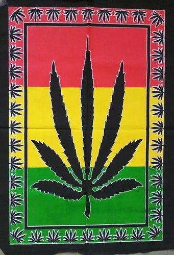 Multicolor Marijuana Leaf Wall Hanging Pure Cotton Tapestry Poster Size Decor - Picture 2 of 2