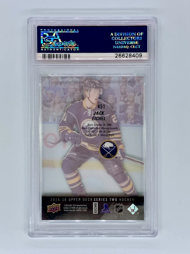 RARE POP 1 2015 Upper Deck Series 2 Jack Eichel Young Guns Rookie Acetate PSA 10 - Image 2 of 4