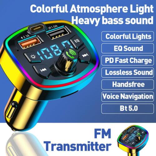 Bluetooth 5.0 Car Wireless FM Transmitter Adapter 2USB PD Charger AUX Hands-Free - Picture 1 of 17