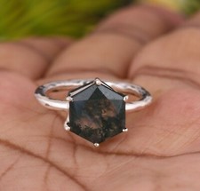 Moss agate hexagon ring in 925 silver oxidized ring with natural cut gemstone